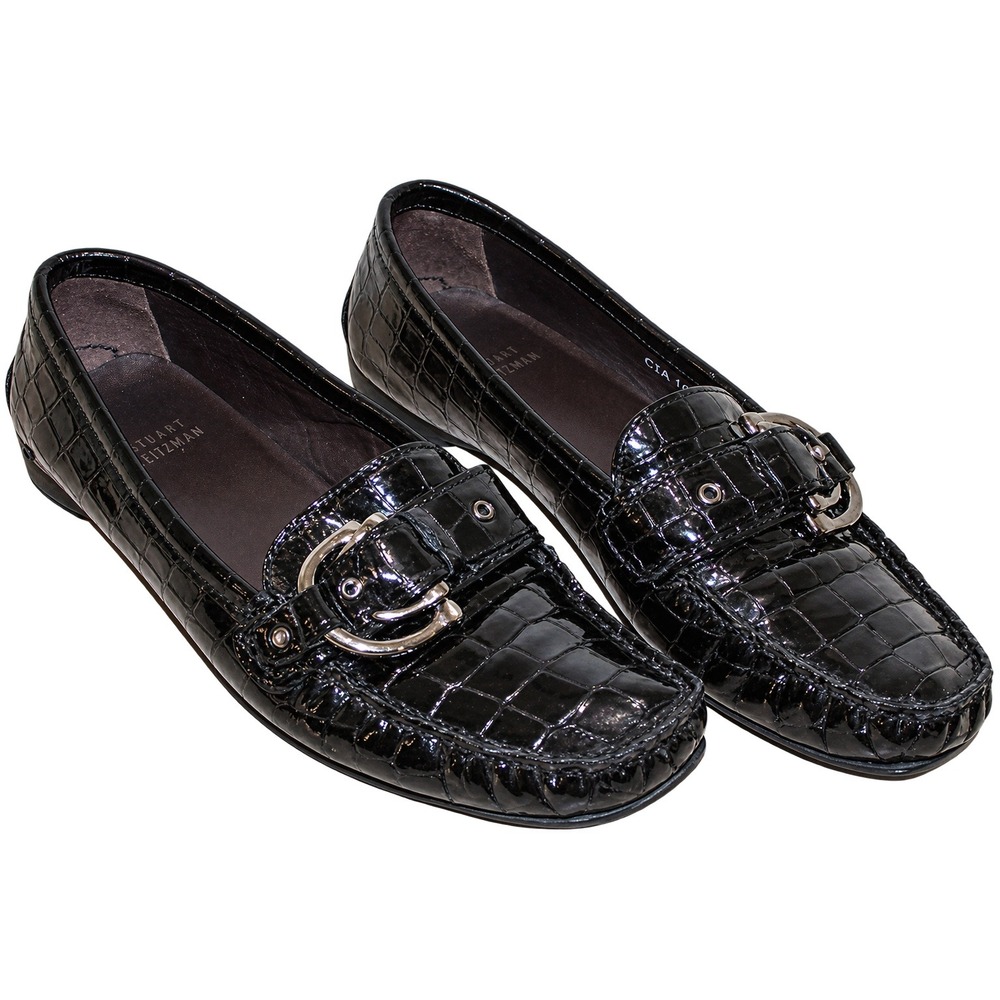 Stuart Weitzman Croc Embossed Patent Leather Loafers Women 6 Black